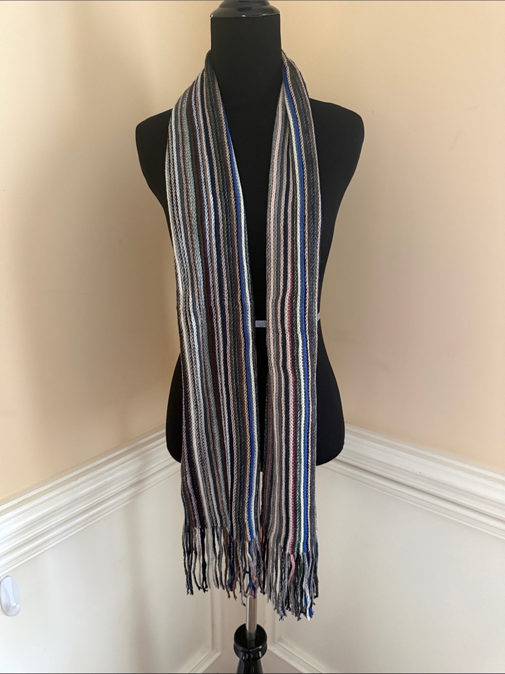 Hadley Wren Striped Woven Fringe Scarf in Neutral‎ and Blue Tones